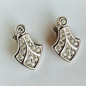 CHRISTIAN DIOR Vintage 80’s Art Deco Crystal Pavé Clip On Earrings Silver w/ Box